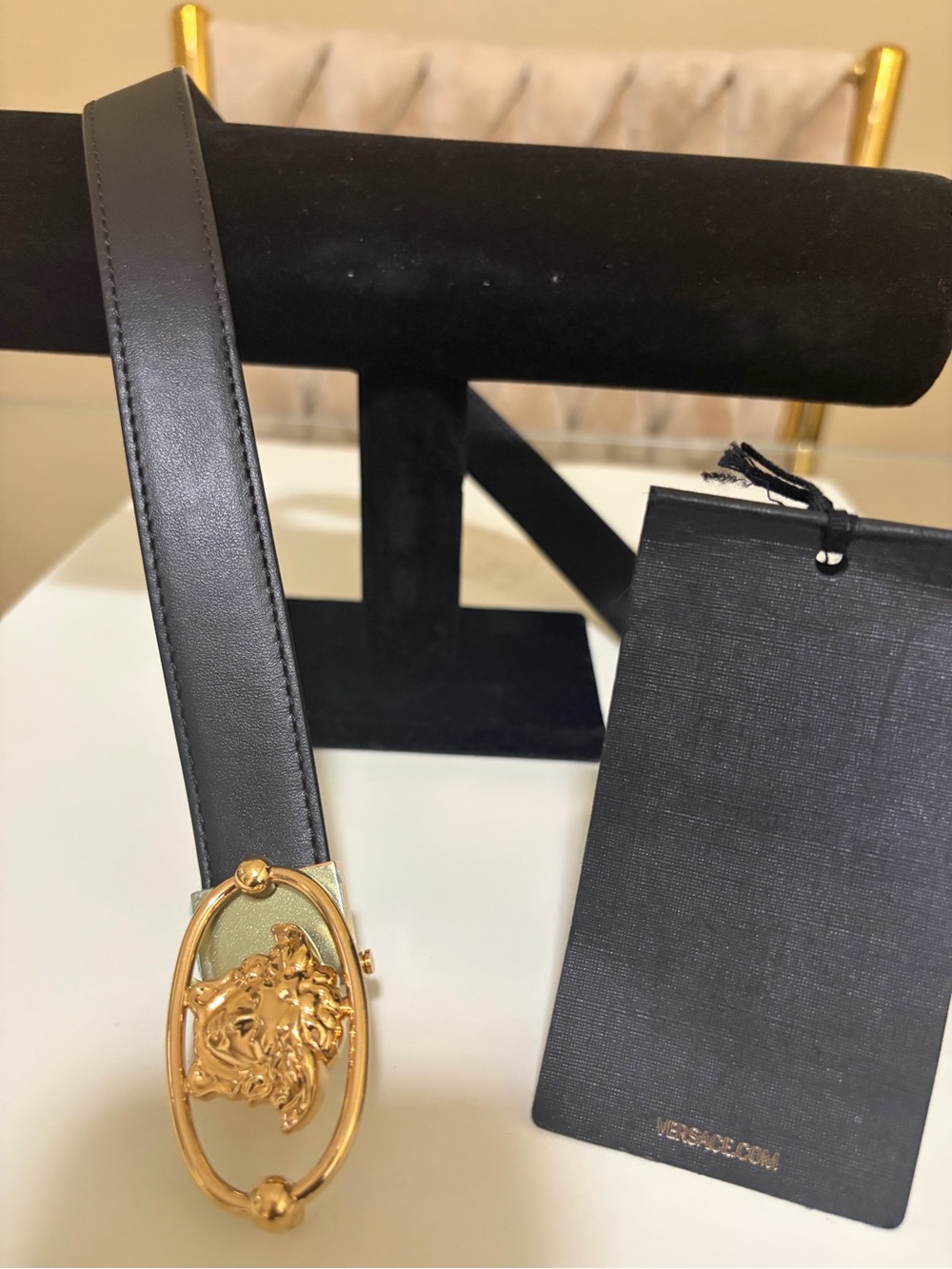 Versace Black Leather Belt with Gold Oval Buckle. SIZE 55/22